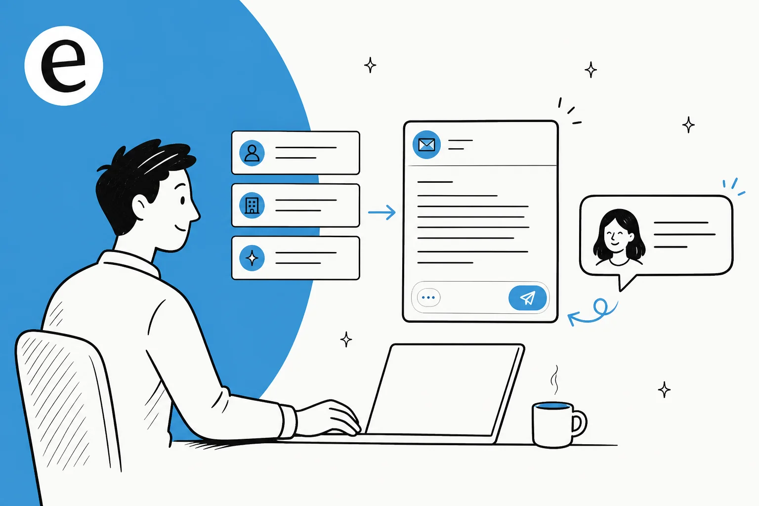 Illustration of a person feeding a few sparse inputs into an AI email composer that outputs a personalized cold email, with a prospect's reply bubble appearing alongside