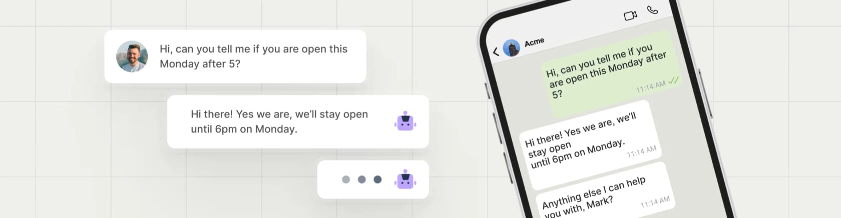 Trengo's AI answering a 'are you open Monday?' question on WhatsApp, shown in the inbox and on a phone, as taken from Trengo