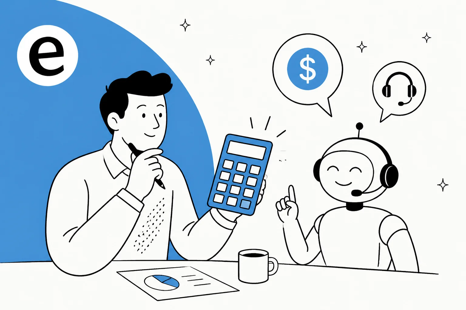 Illustration of AI customer service cost shown as dollars per ticket on a pricing calculator