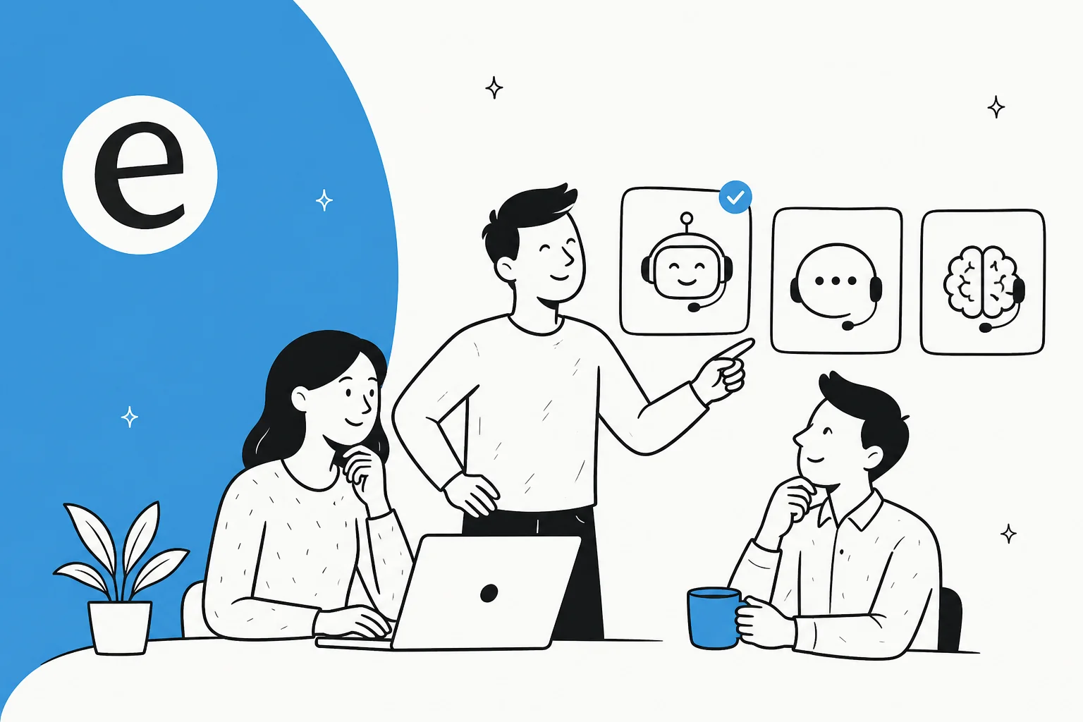 Illustration of a small startup support team choosing between AI helpdesk tools