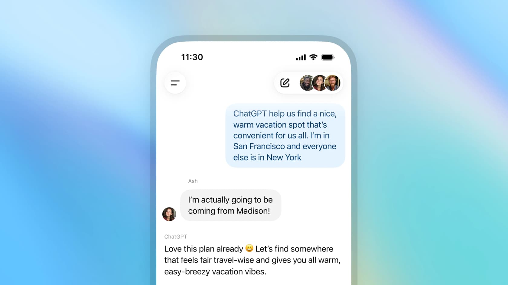 A phone-style group chat interface where three users coordinate a warm vacation spot, with ChatGPT replying with a casual "Love this plan already" message, as taken from OpenAI's feature page.