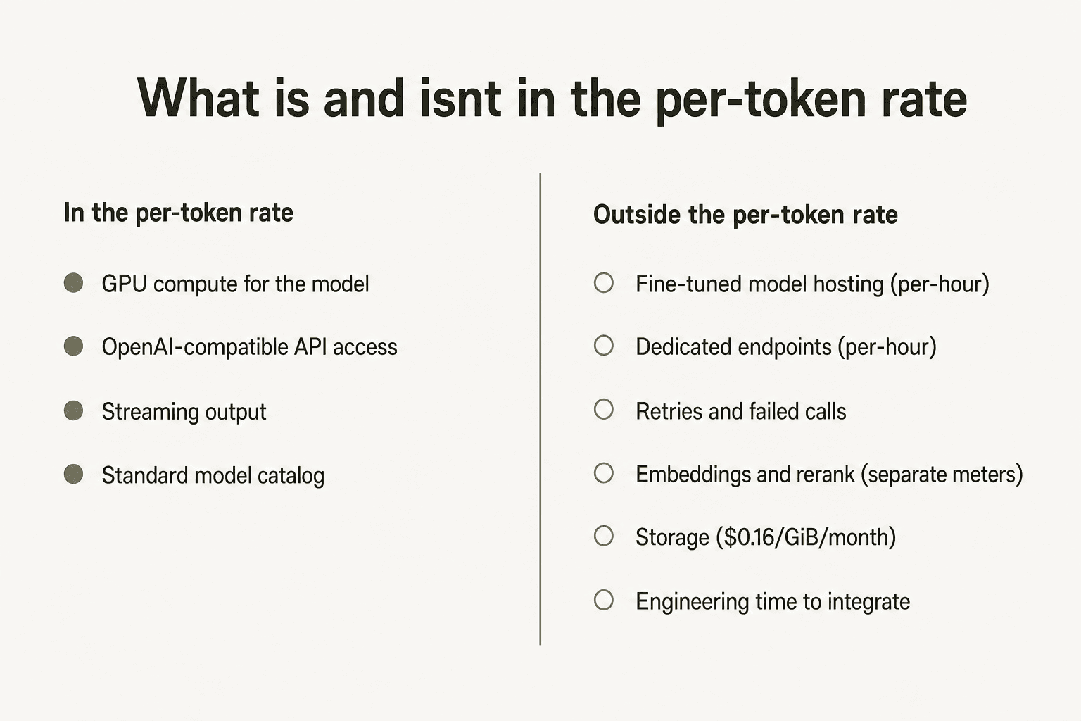 What is and isn't included in the per-token rate: GPU compute and OpenAI-compatible API access on one side, dedicated hosting, embeddings, retries, storage, and engineering time on the other