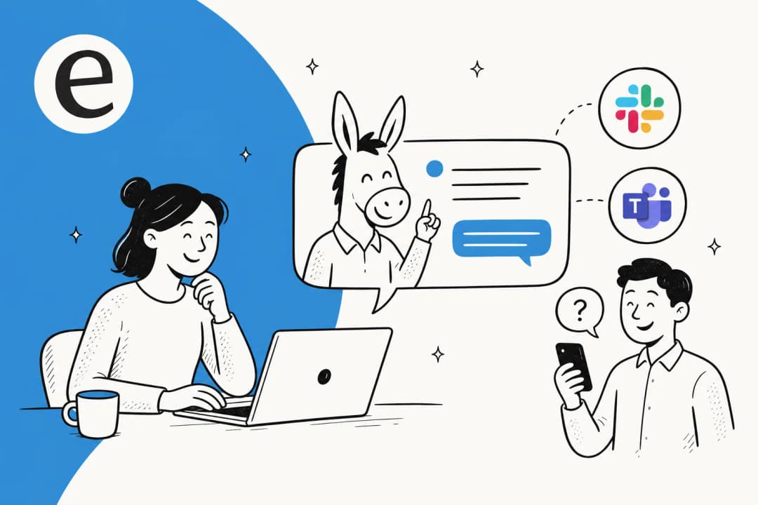 Illustration of an HR chatbot answering employee questions inside Slack and Microsoft Teams