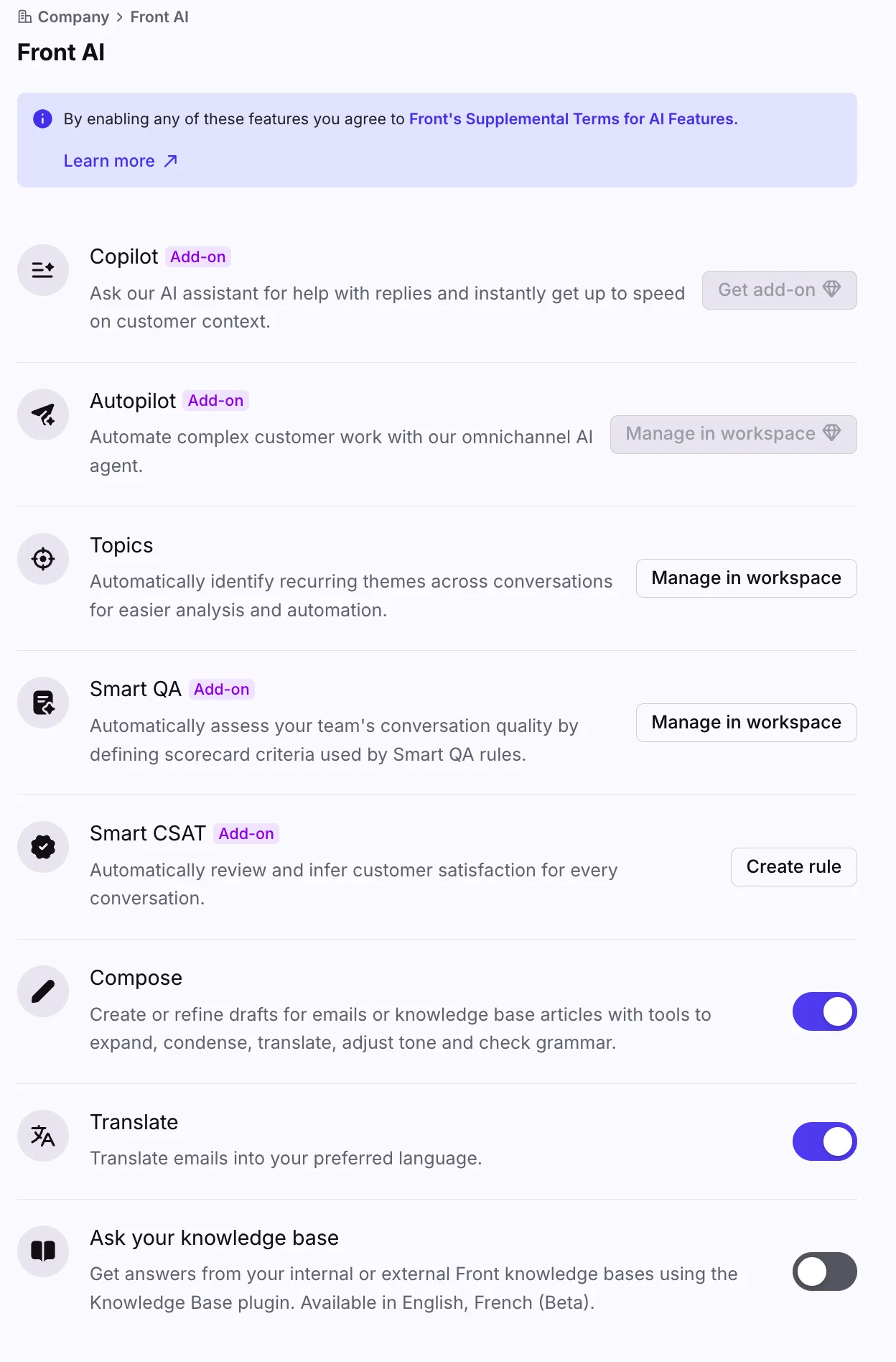 The Front AI settings page listing toggleable AI features like Copilot, Autopilot, Compose, and Translate, as taken from Front
