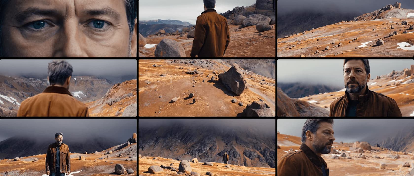 Runway Gen-4.5 character and scene consistency: 9 shots of the same character from different angles and environments, as taken from Runway
