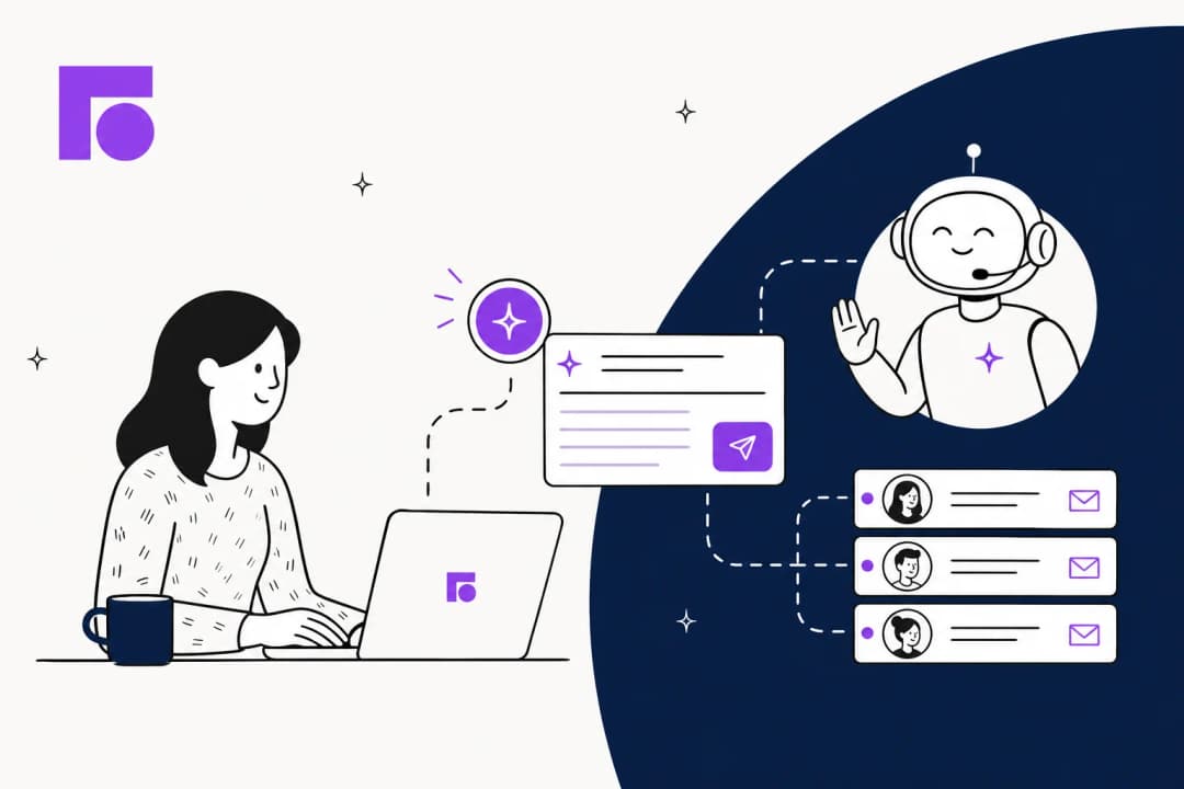 Illustration of a support agent at a laptop with a Front-branded AI agent sending replies across an inbox