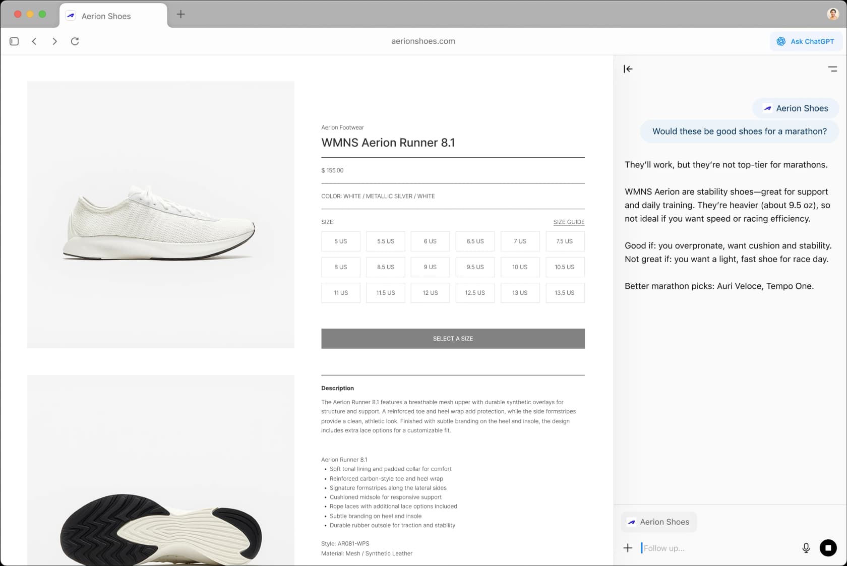 ChatGPT Atlas sidebar providing marathon shoe advice while browsing a product page - the core contextual AI sidebar experience, as taken from OpenAI