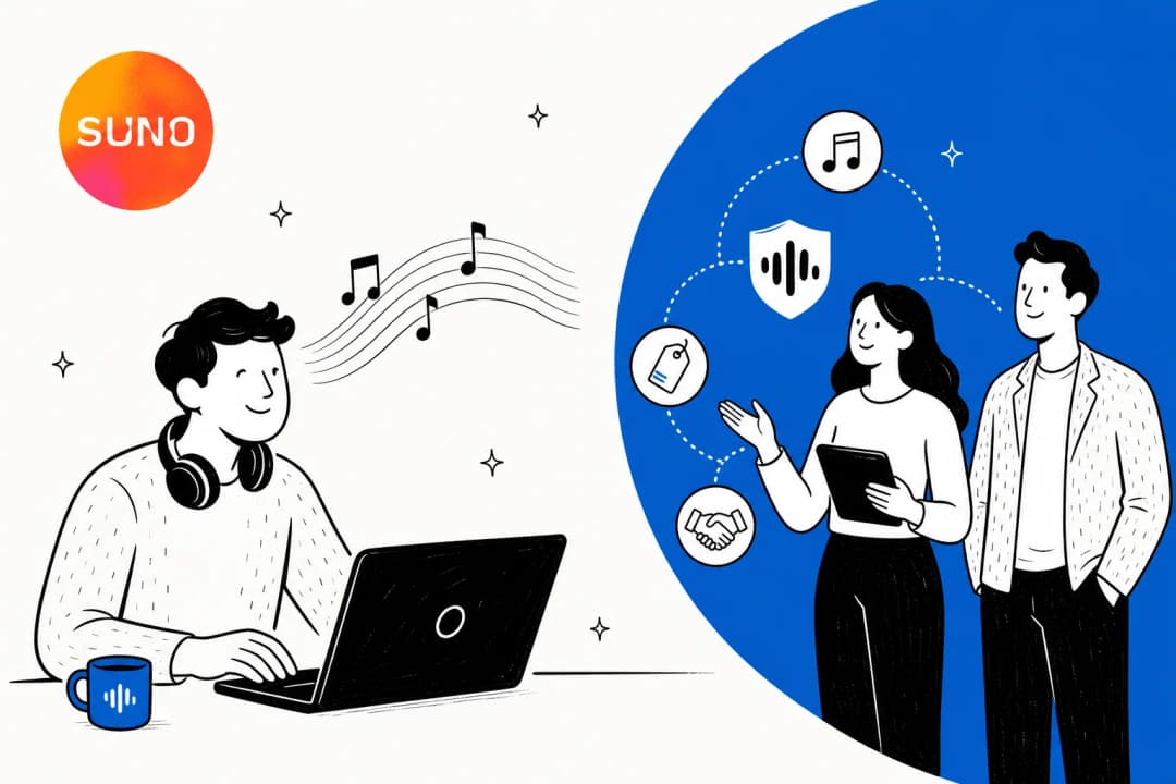 Editorial illustration of Suno's AI music app, hero banner