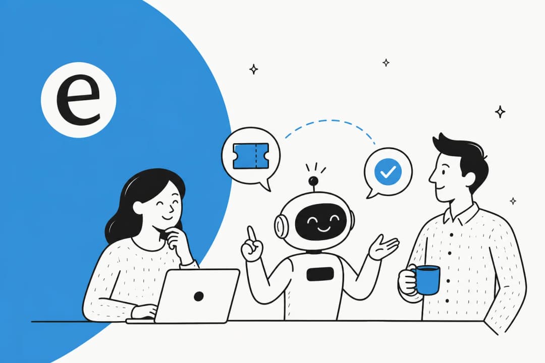 Illustration of a person, an AI assistant, and a support agent collaborating to clear a support queue