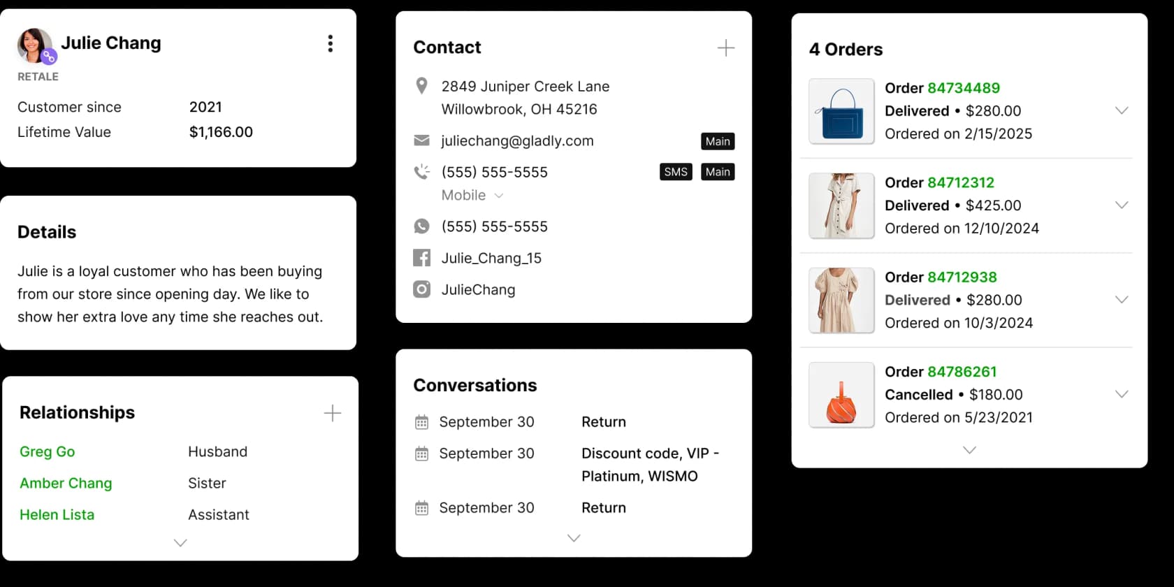 A Gladly customer profile showing lifetime value, full order history, and past conversations in one pane, as shown on Gladly's AI agent page
