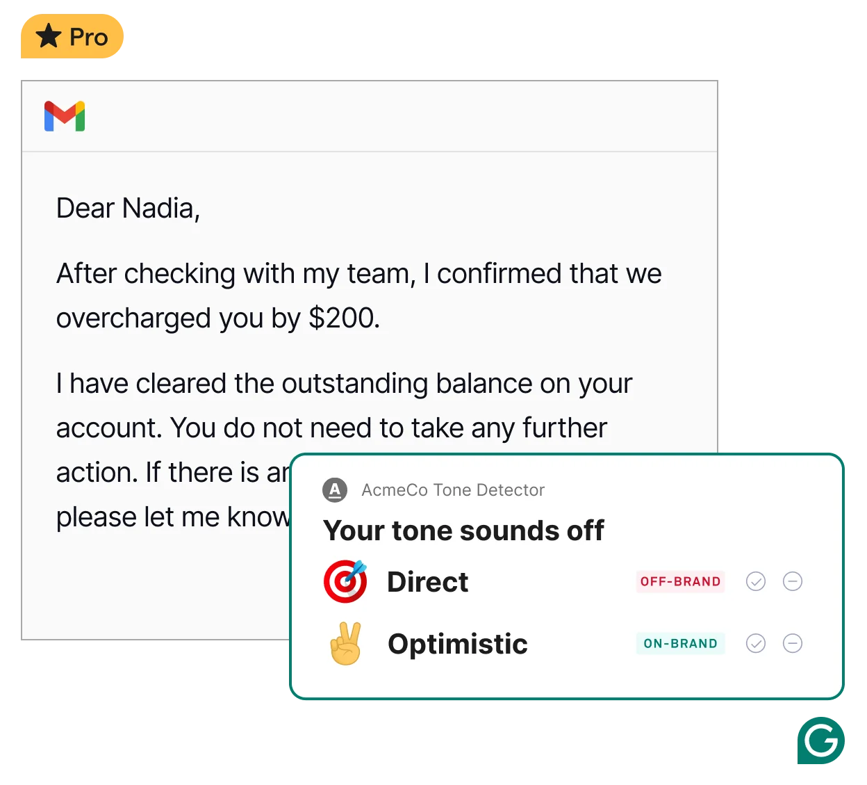 Grammarly's tone detector flagging off-brand tone inside a Gmail draft, as taken from Grammarly