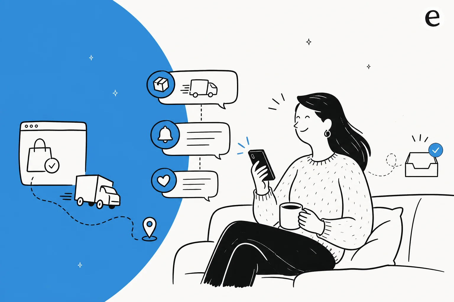Illustration of an ecommerce shopper getting proactive shipping notifications on her phone while the support inbox stays empty