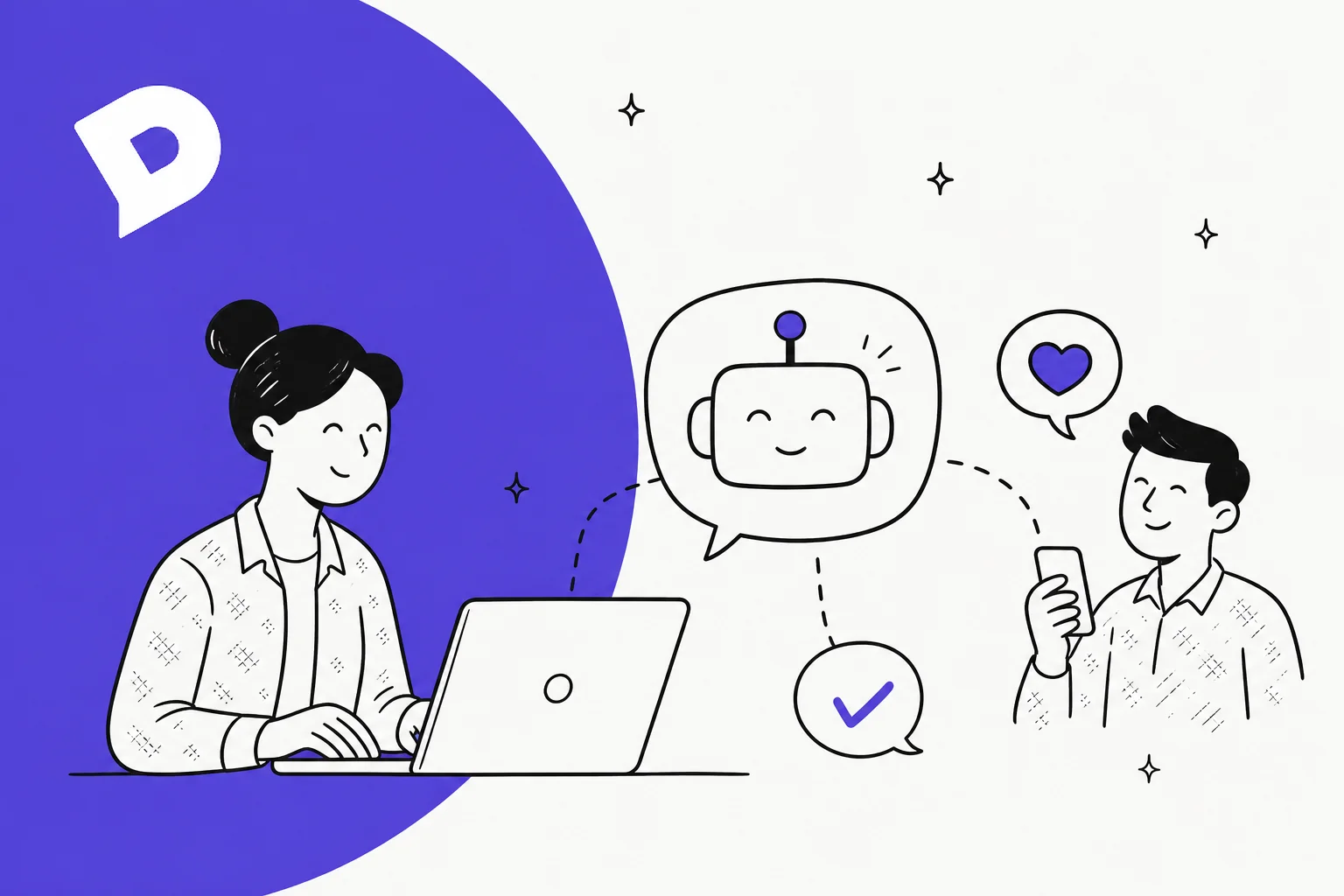 Illustration of an AI agent deflecting customer support tickets in Dixa
