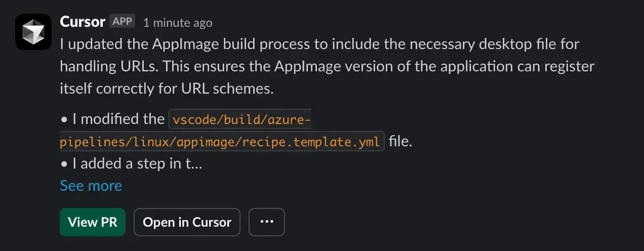 The Cursor app posting an update in Slack with View PR and Open in Cursor buttons, as taken from Cursor