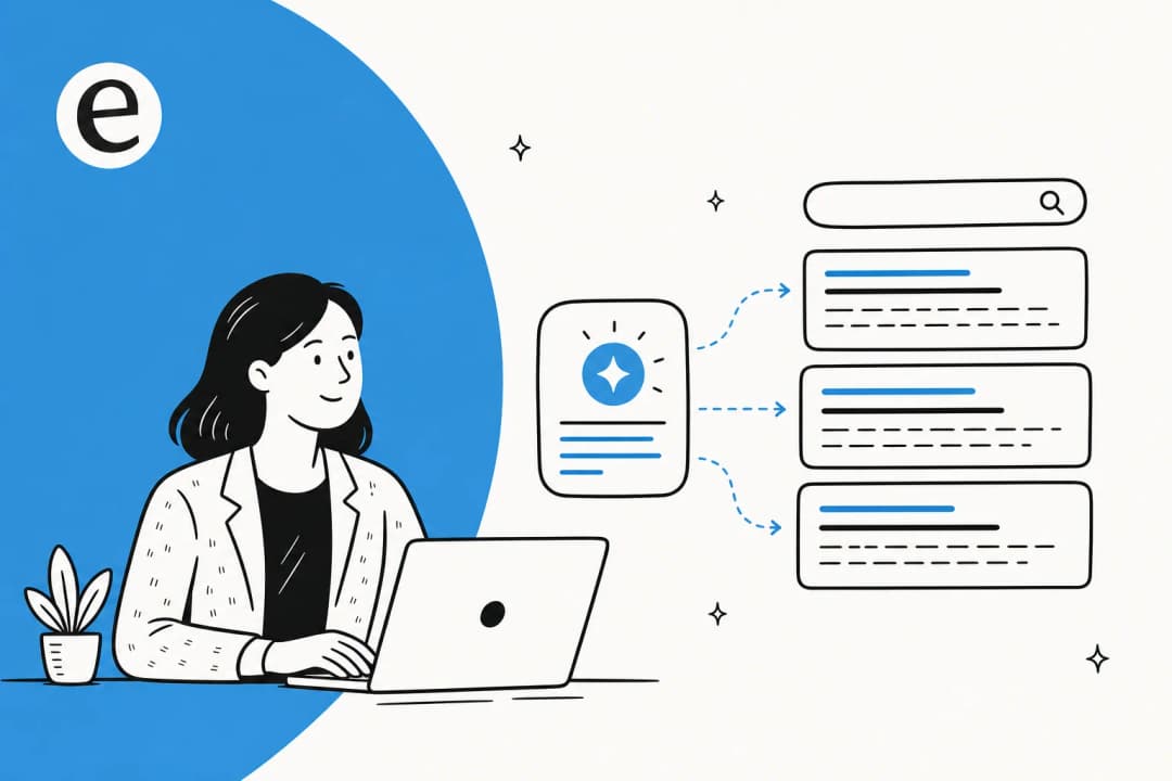 Illustration of a writer generating meta descriptions that flow into Google search results