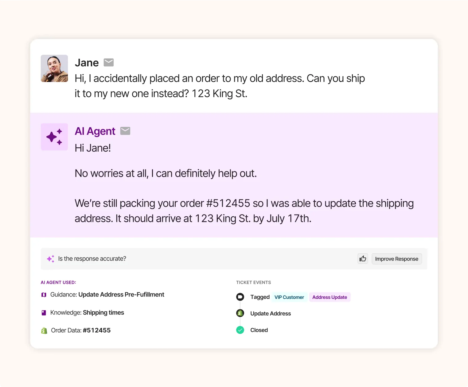 A Gorgias AI Agent resolving an address-change ticket, showing the knowledge and order-data sources it used, as taken from Gorgias