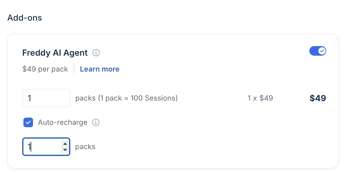 Turning on auto-recharge for Freddy AI Agent sessions so the bot doesn't stop mid-cycle, as taken from Freshdesk support