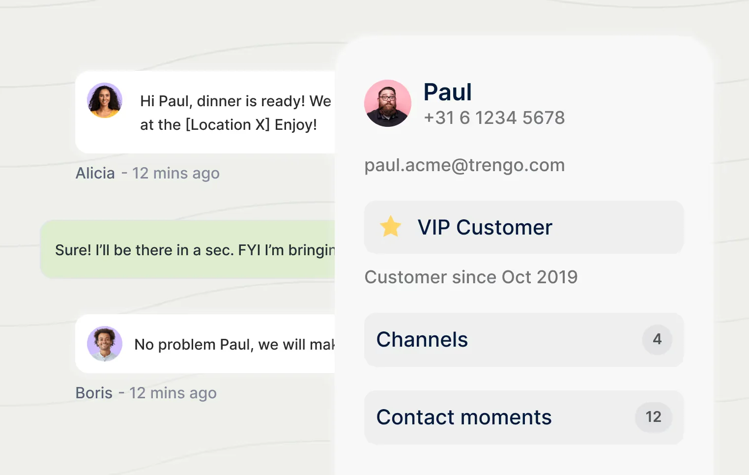 Trengo's contact profile panel showing a VIP customer with channels and contact moments, as taken from Trengo
