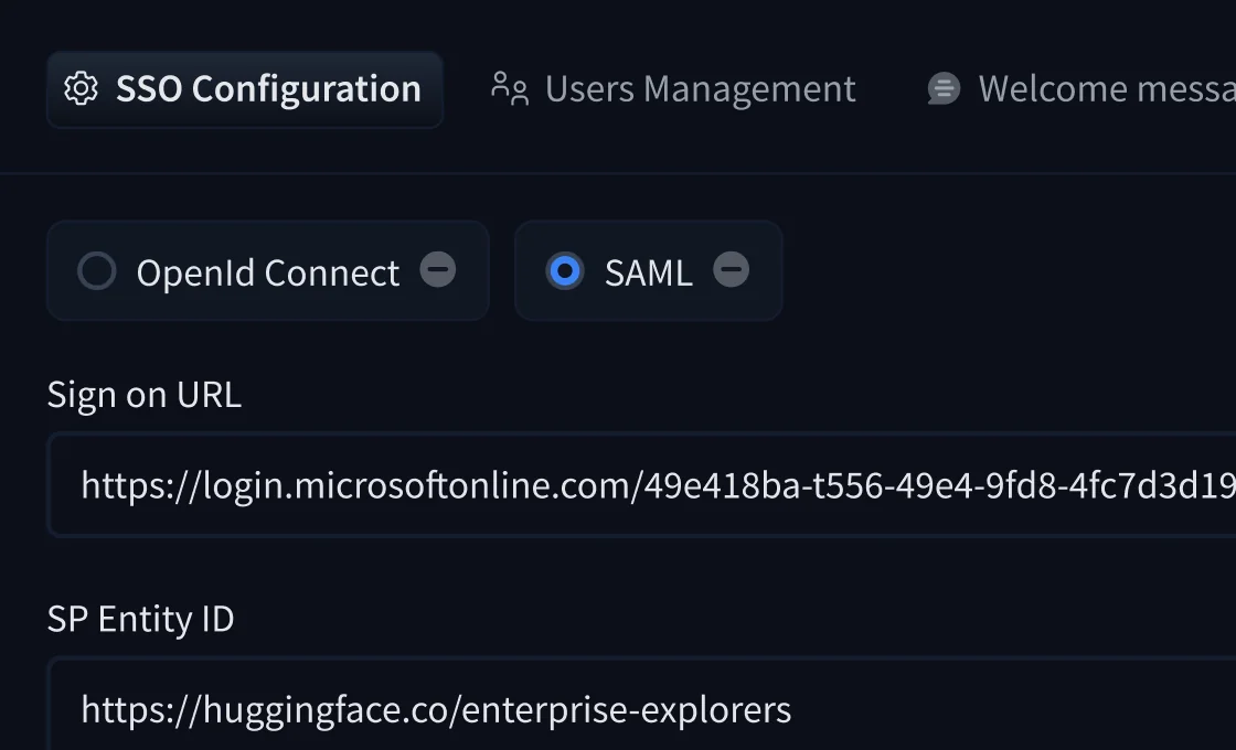Enterprise Hub SSO configuration panel showing SAML selected with Sign on URL and SP Entity ID fields