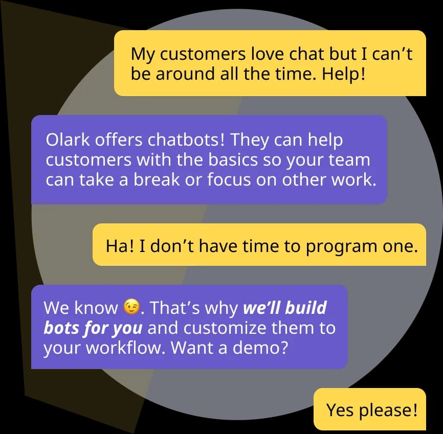 Olark CoPilot answering a visitor question about custom chatbots, as taken from Olark