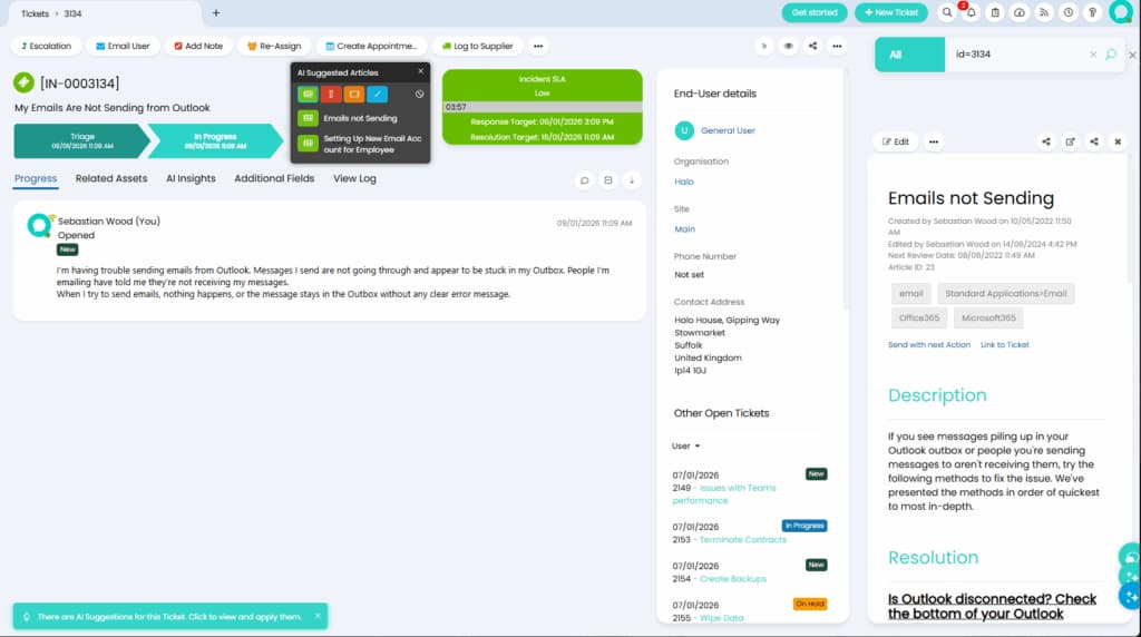 Halo ticket screen for an Outlook email fault with the triage workflow bar, AI suggested articles popup and SLA timers