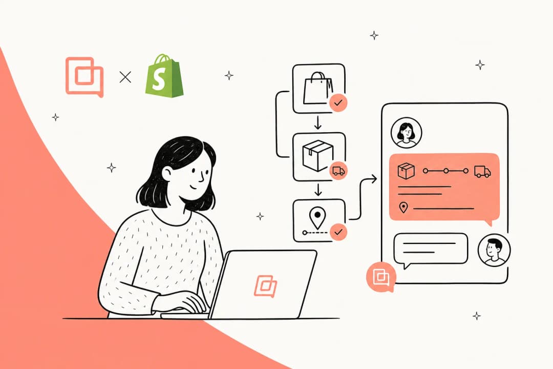 Gorgias and Shopify logos on a coral banner illustrating order data flowing into customer replies