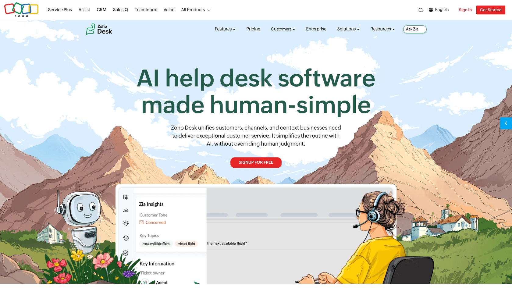 The Zoho Desk homepage, positioning it as human-simple AI help desk software