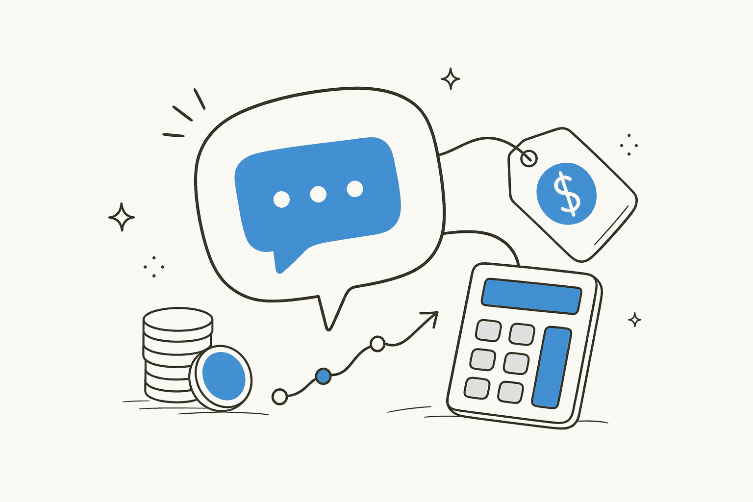 Illustration of chatbot development cost: chat bubbles, price tags, and a calculator in eesel blue