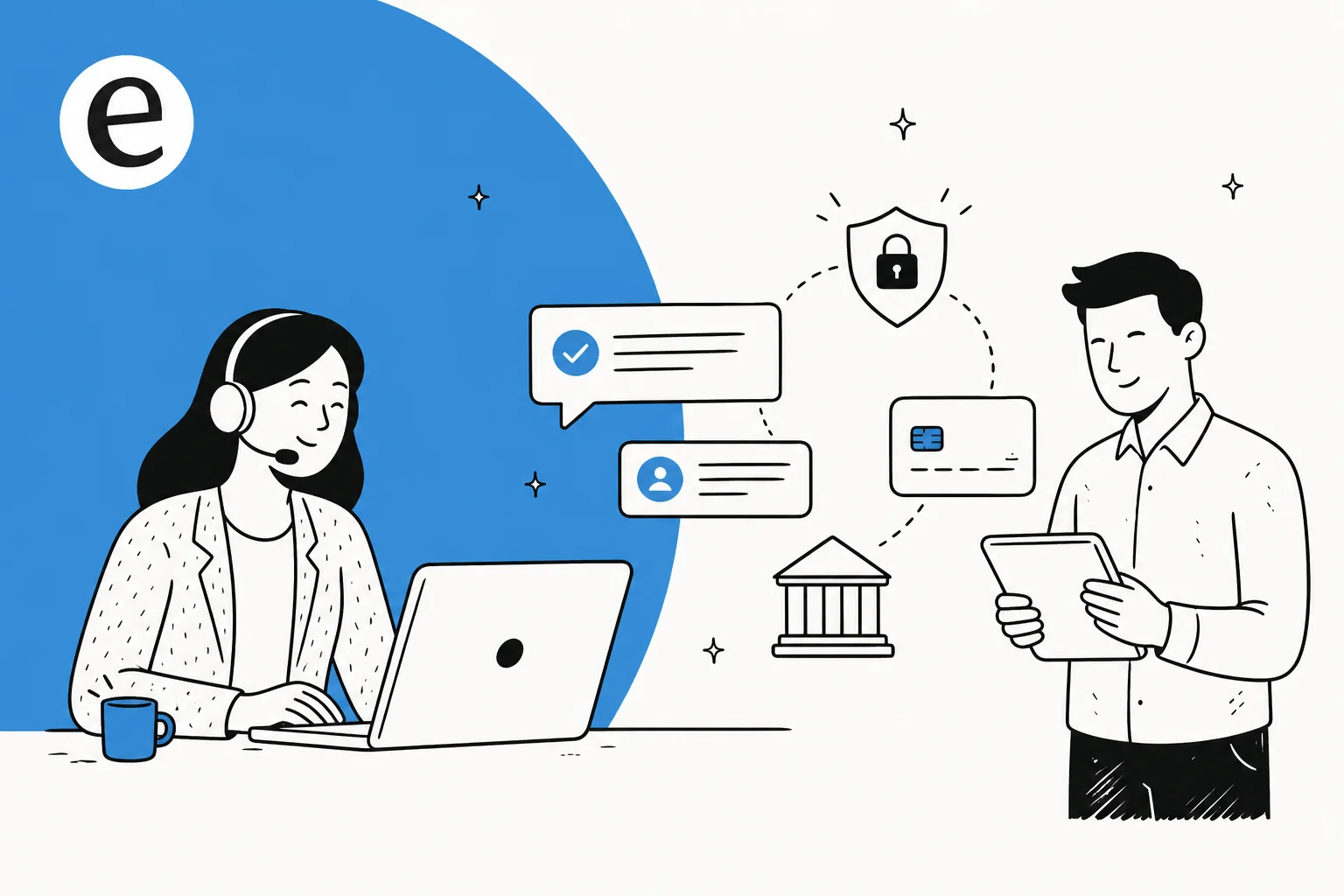 Illustration of a support agent and a fintech customer with bank, card, and security icons between them