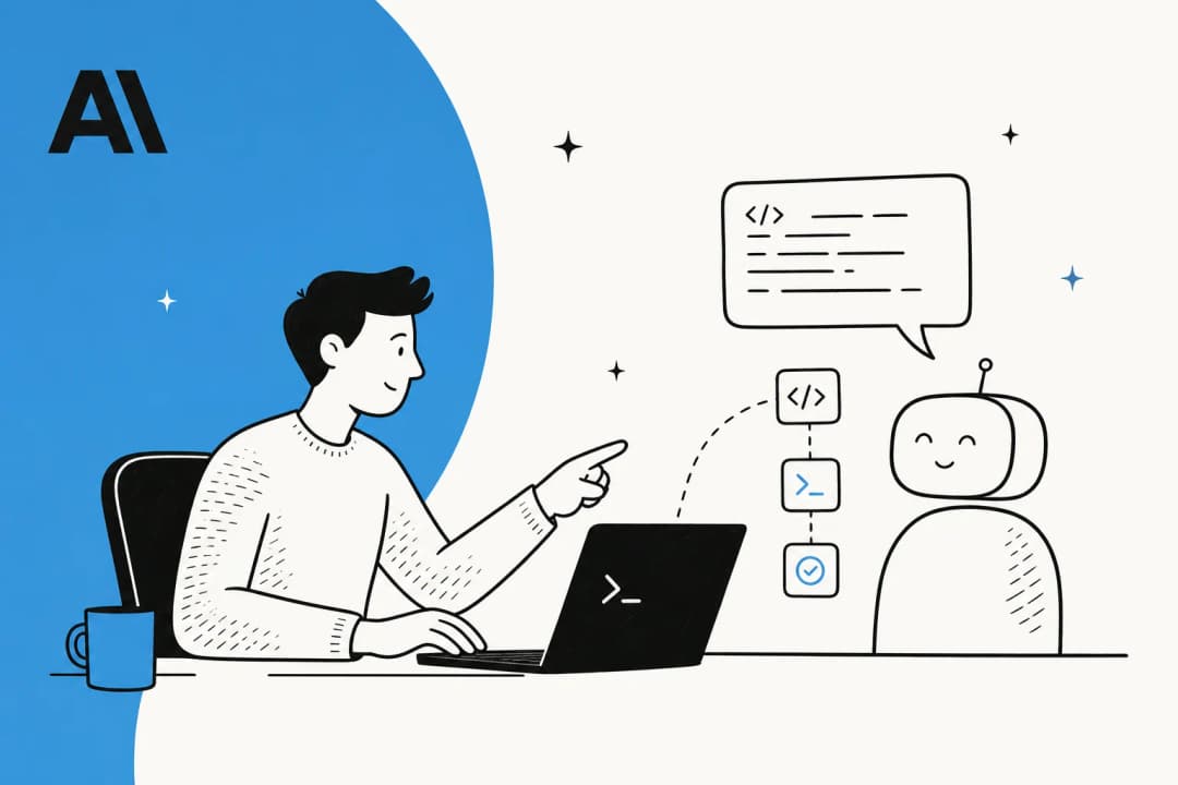 A developer at a terminal directing Claude Code, an agentic AI coding assistant, through an explore-plan-implement-commit workflow.