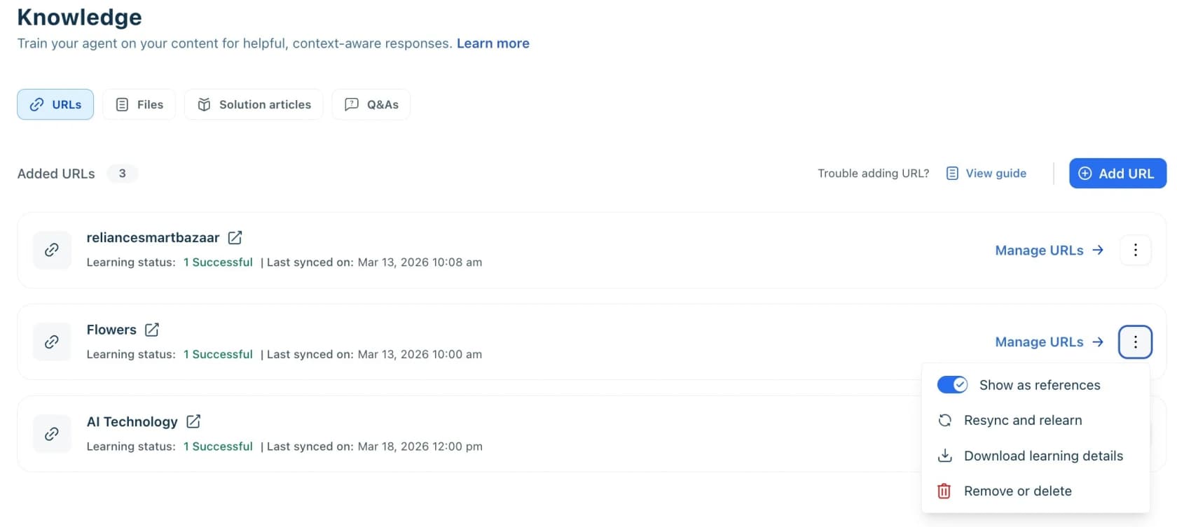 Freshdesk's Knowledge tab showing URLs, Files, Solution articles, and Q&As tabs with a source marked Learning status: Successful, as taken from Freshdesk