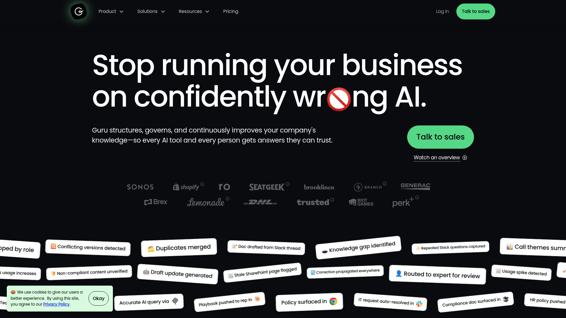 Guru's homepage showcasing the AI-powered knowledge agents and governance layer, via Guru