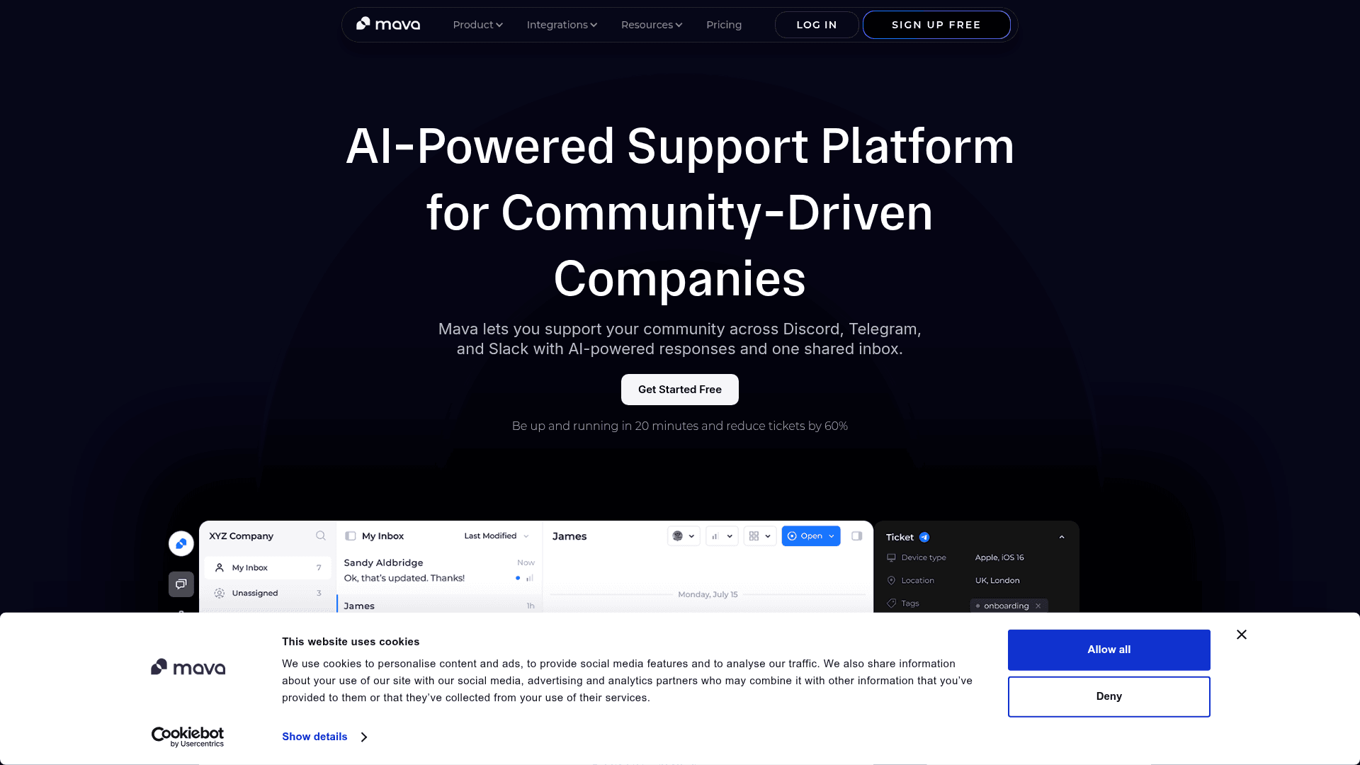 The Mava website showing its Discord-first customer support product, as taken from Mava.