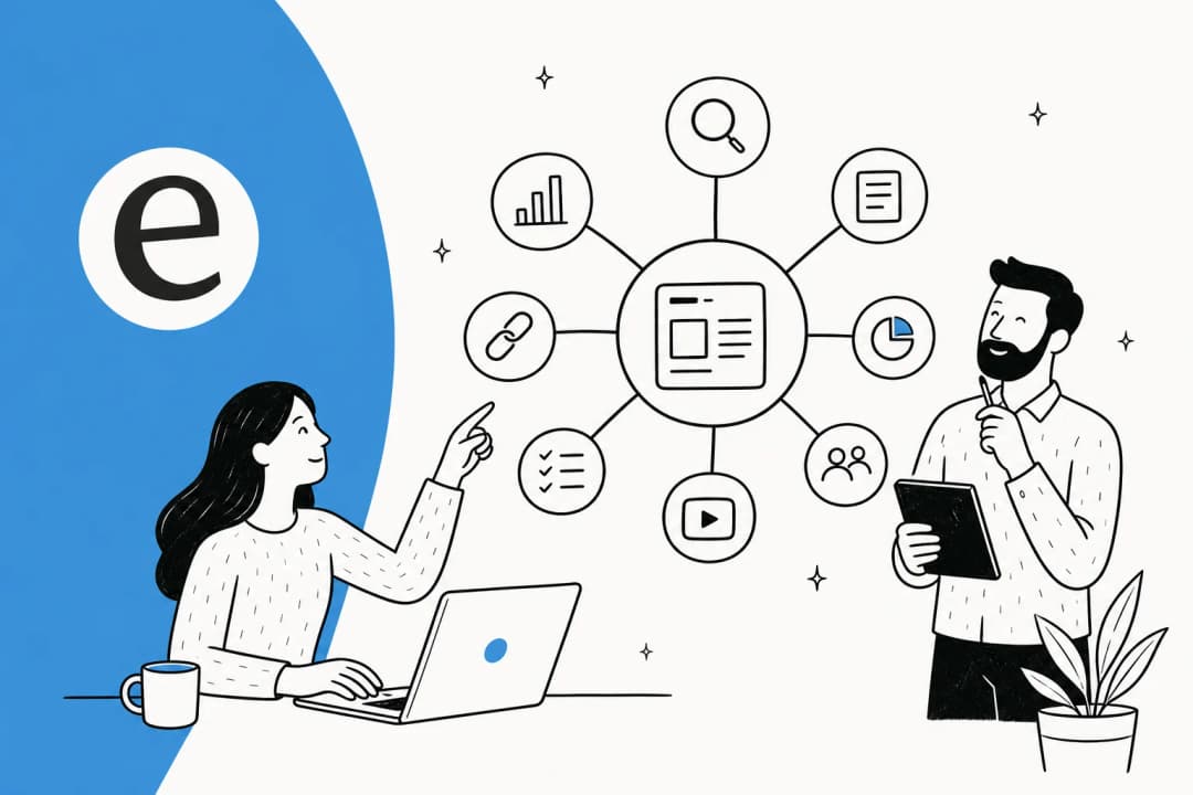 Hub-and-spoke topic cluster map with a central pillar page linked to supporting posts