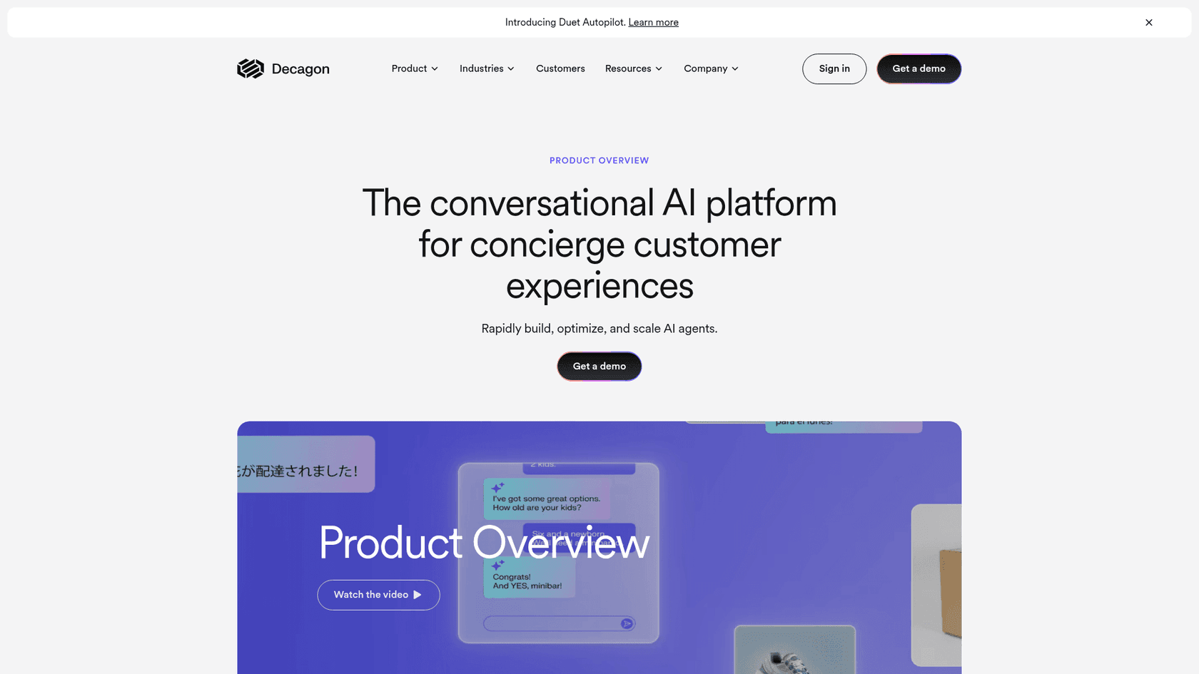 Decagon product overview showing its AI agent chat interface