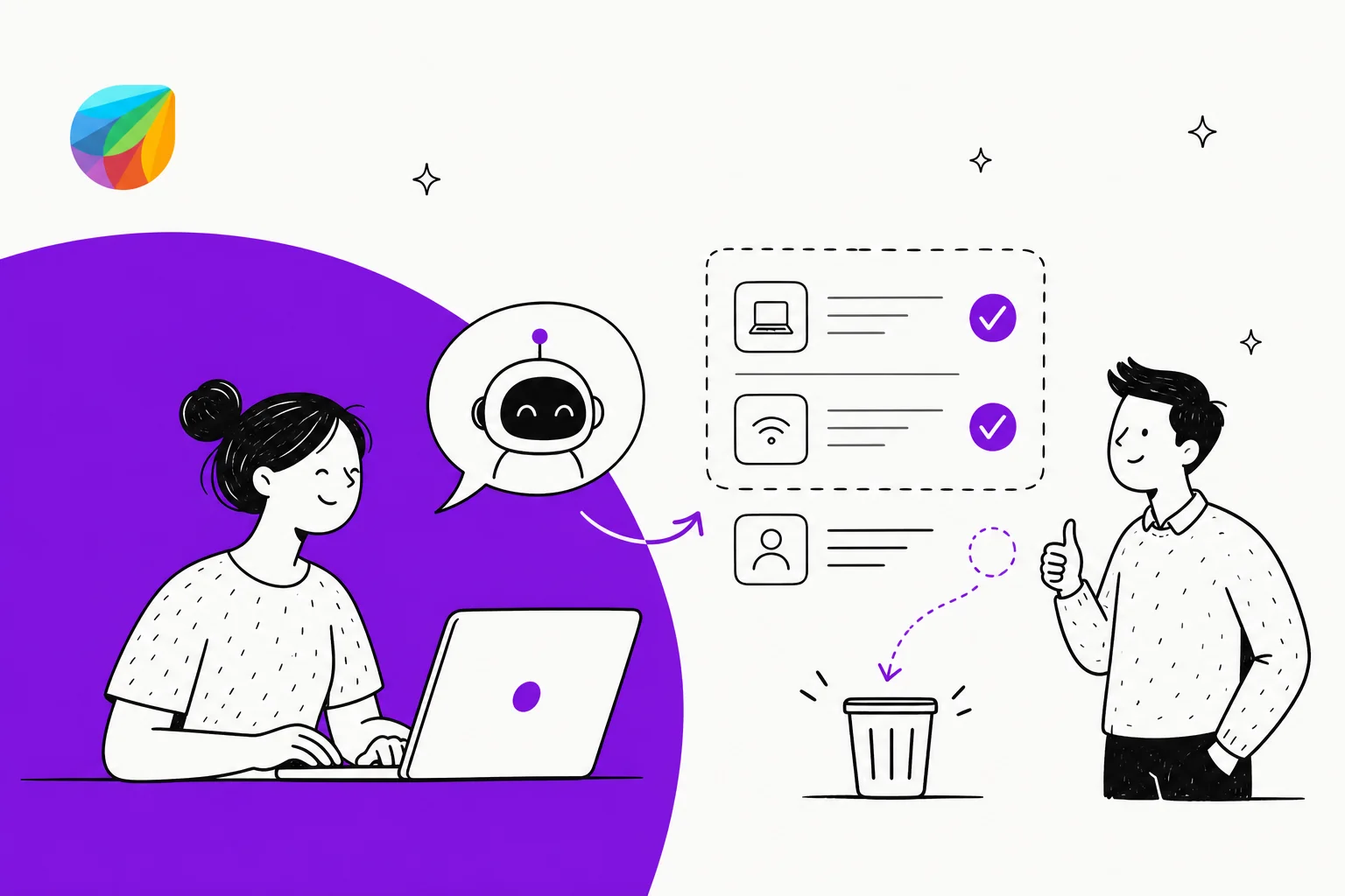 Illustration of an AI agent deflecting incoming IT requests so they never reach a human agent