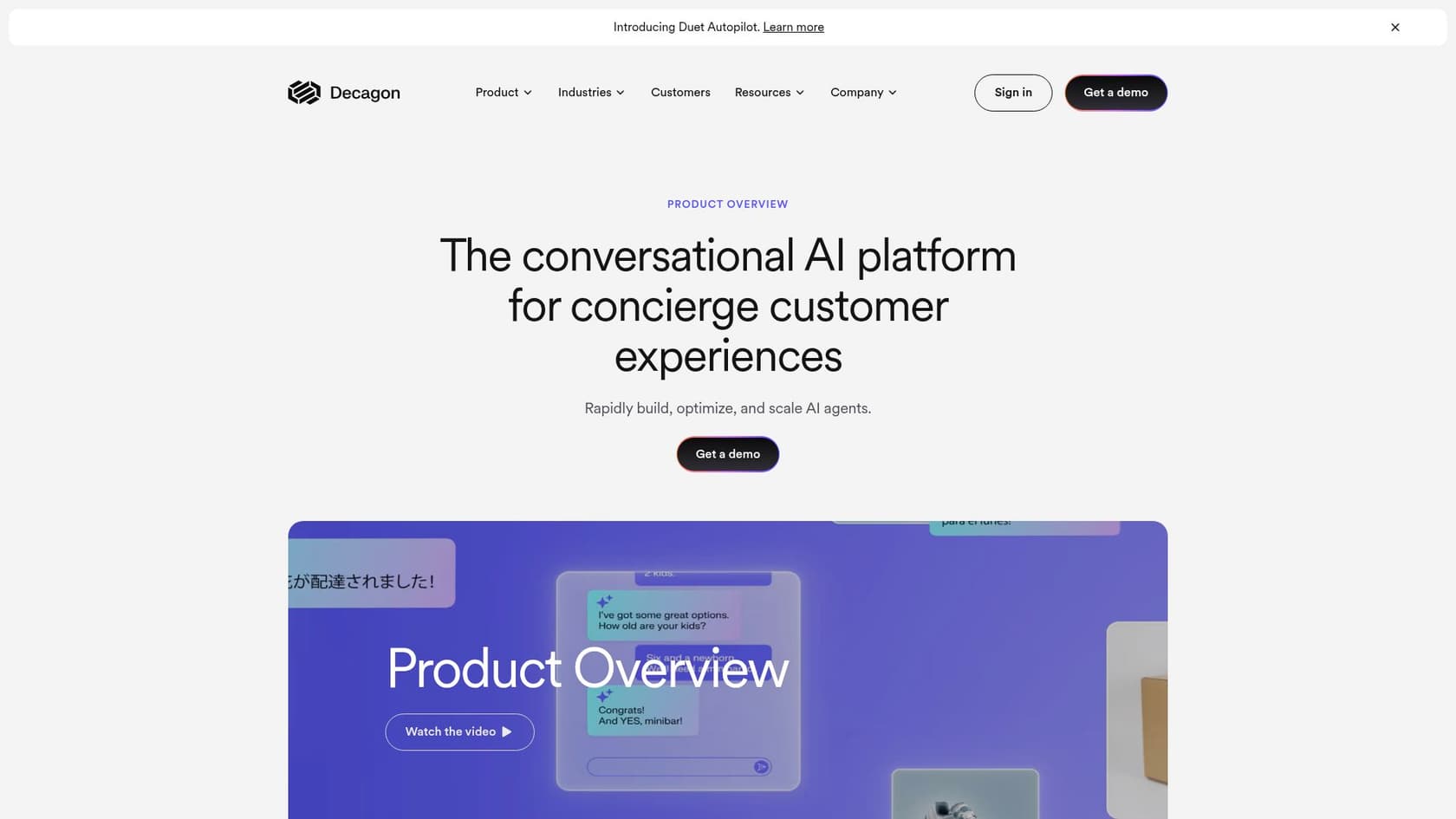 The Decagon product overview page showing their agent platform