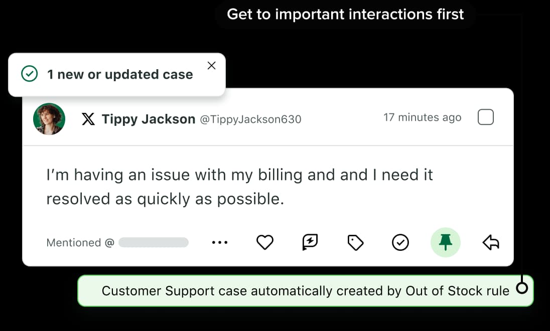 A post from X automatically converted into a customer support case by an out-of-stock rule, as taken from the Social Customer Care page