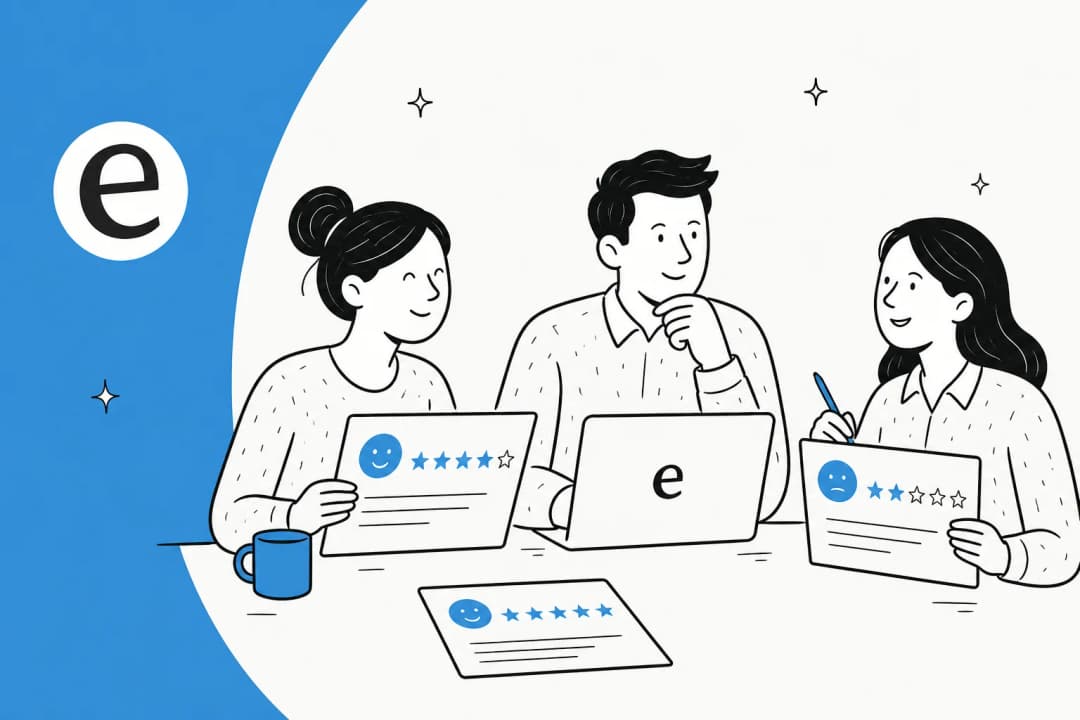 Illustration of a support team reviewing customer service feedback notes and ratings