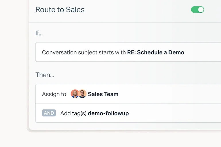 A Help Scout Workflow rule that routes conversations to the sales team and tags them, as taken from Help Scout