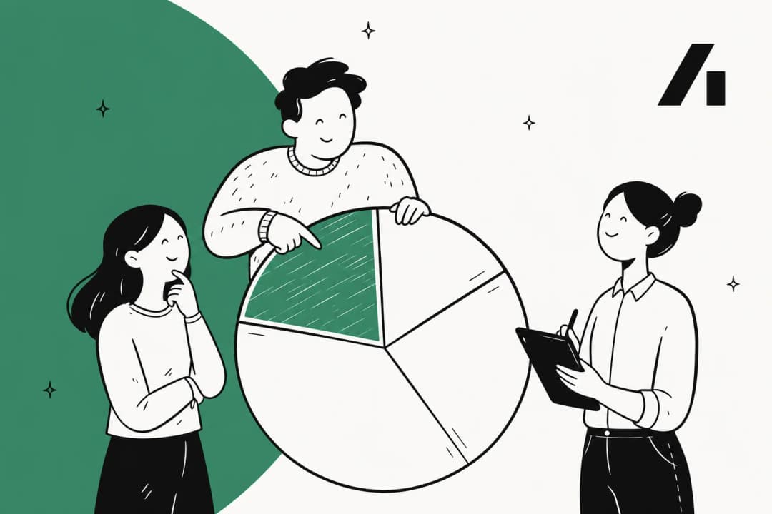 Editorial illustration of three marketers studying a pricing pie chart for Arcads AI