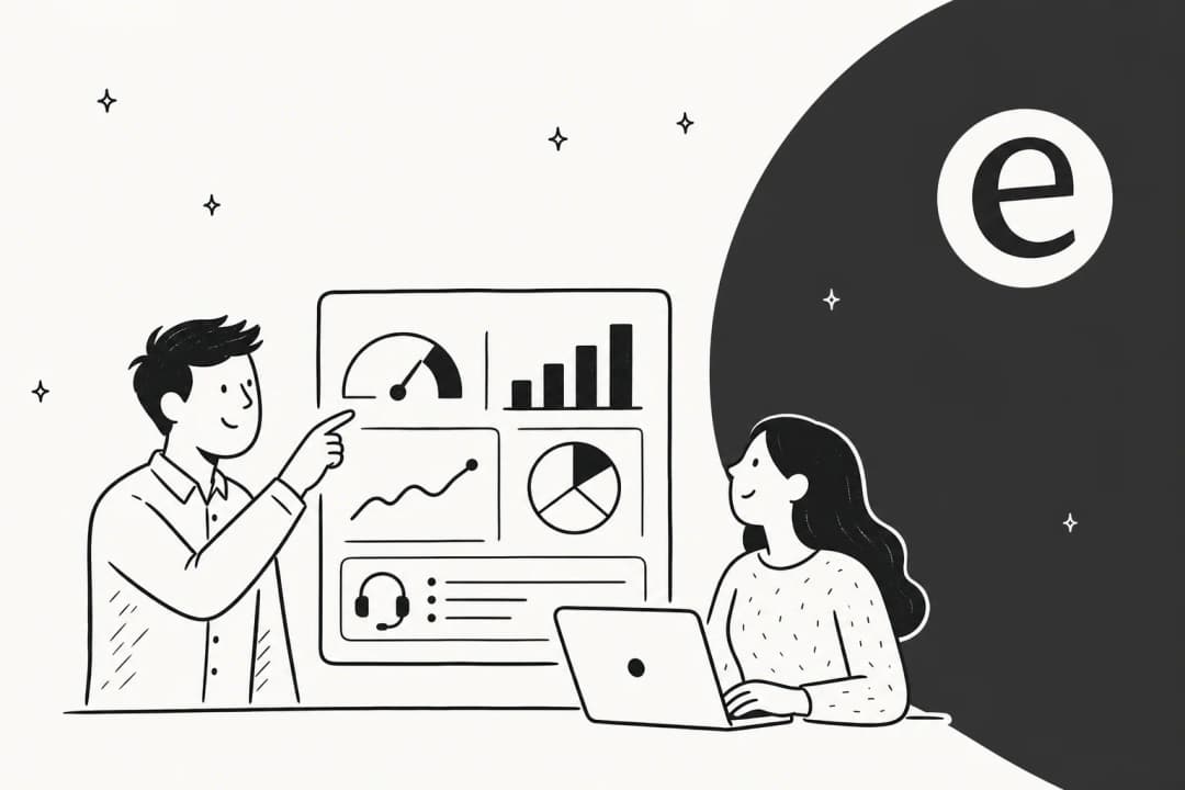 Hand-drawn editorial illustration showing AI analytics surfacing customer satisfaction scores and support metrics