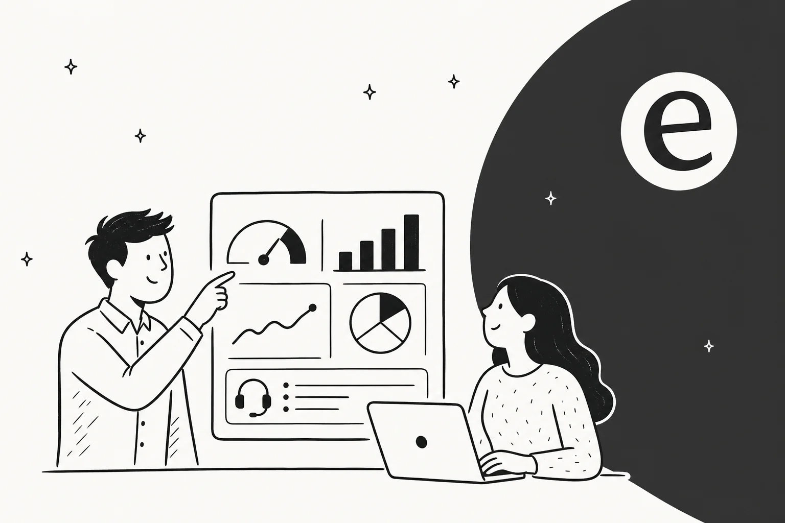 Hand-drawn editorial illustration showing AI analytics surfacing customer satisfaction scores and support metrics
