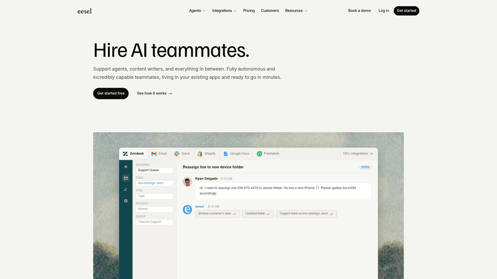 eesel.ai homepage showing the AI knowledge base chatbot positioning, as taken from eesel