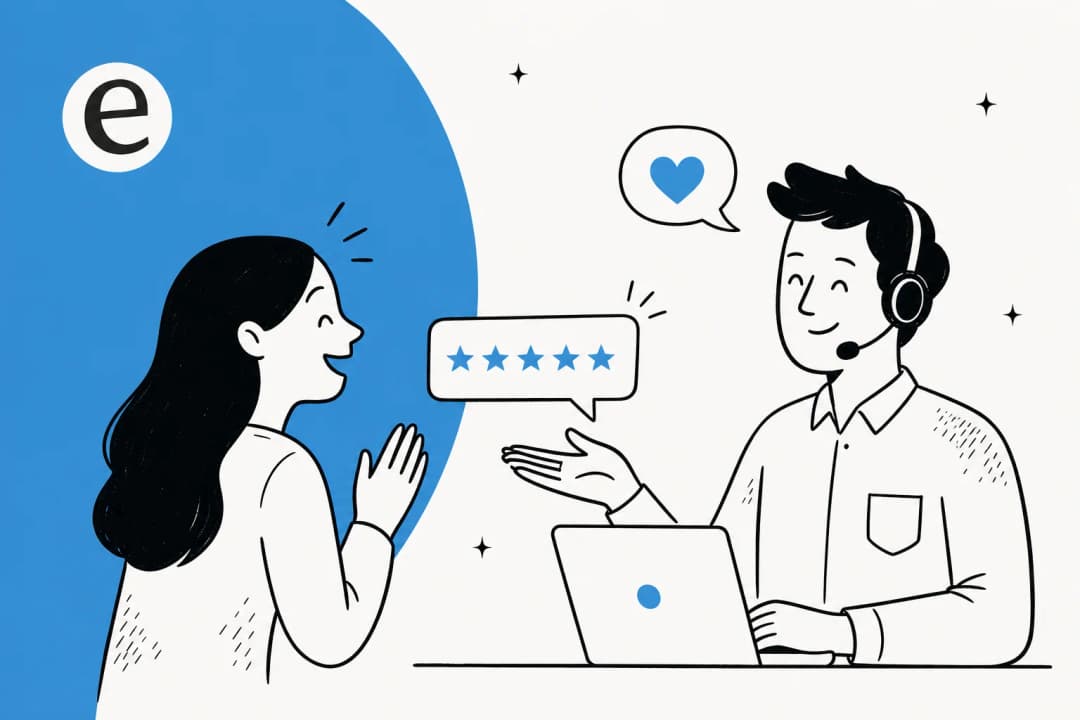 Illustration of a delighted customer and a friendly support rep sharing a five-star moment