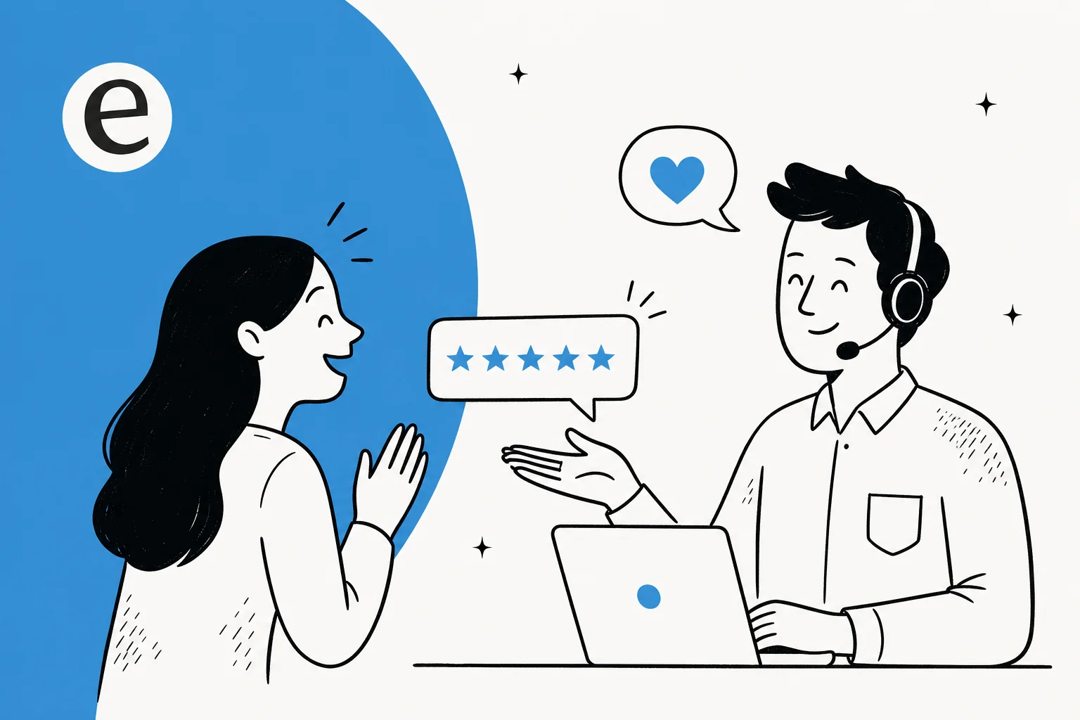 Illustration of a delighted customer and a friendly support rep sharing a five-star moment