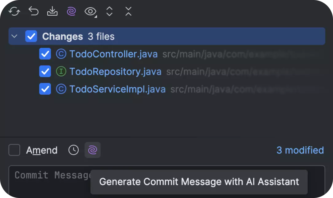 JetBrains AI generating a commit message in IntelliJ IDEA, as taken from JetBrains