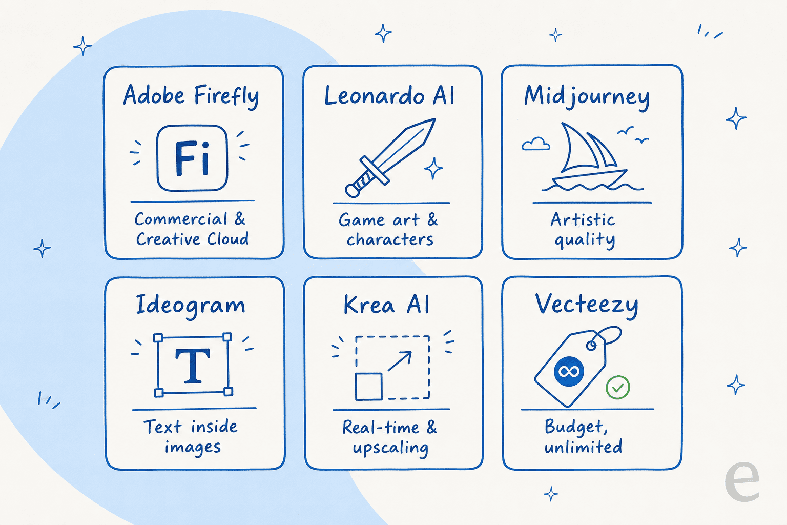 A map matching each of the six Freepik AI alternatives to its single best use, from Adobe Firefly for commercial work to Vecteezy for budget unlimited downloads.