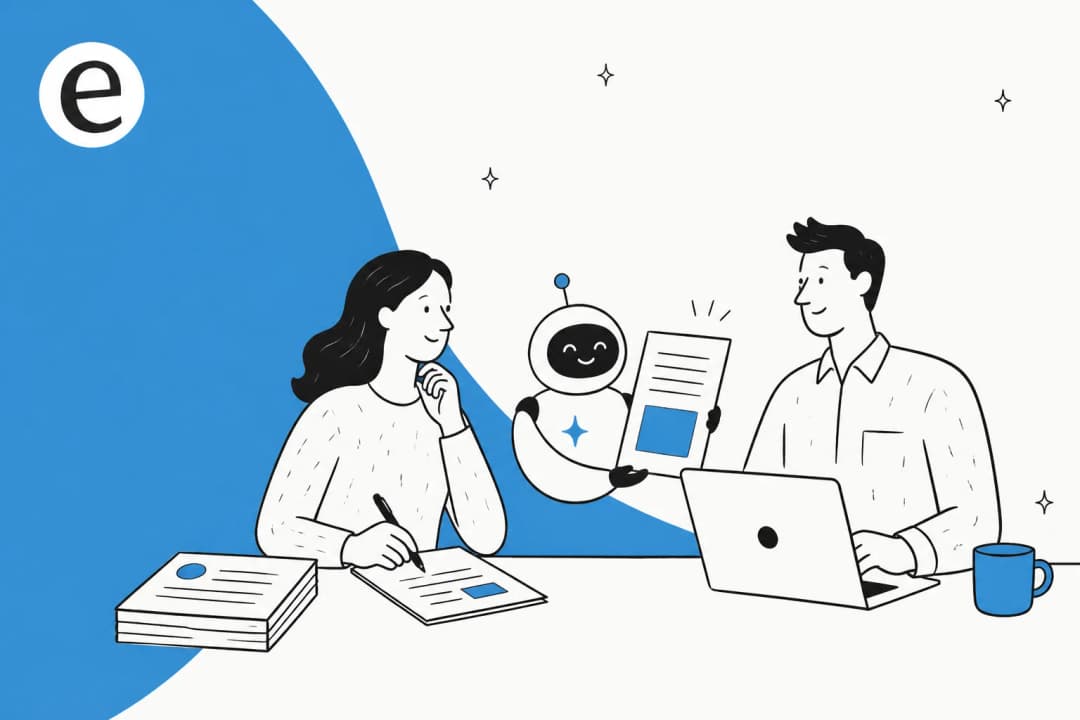 Editorial illustration of two people and an AI assistant reviewing a B2B white paper draft