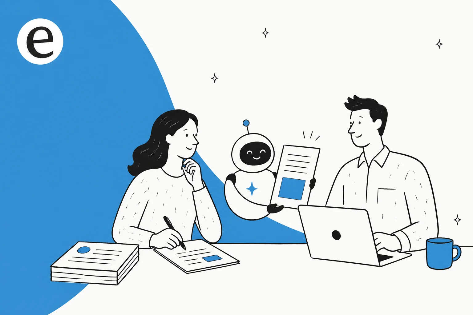 Editorial illustration of two people and an AI assistant reviewing a B2B white paper draft